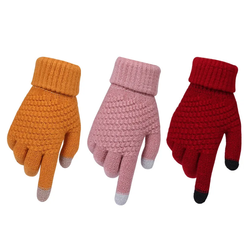 Guantes de doble capa de pelo de conejo para niños y niñas, más terciopelo, pantalla táctil mágica y cálida, otoño e invierno, 1 par