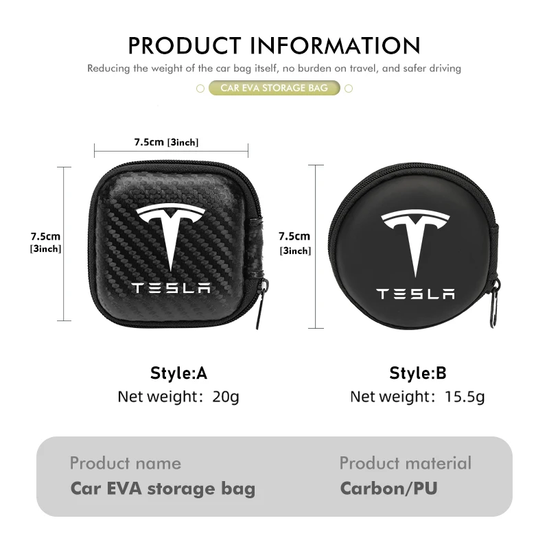 Car Carbon EVA Storage Bag  Round Holder Zipper Case Box For Tesla Model Y 3 S X Roadster Bonina