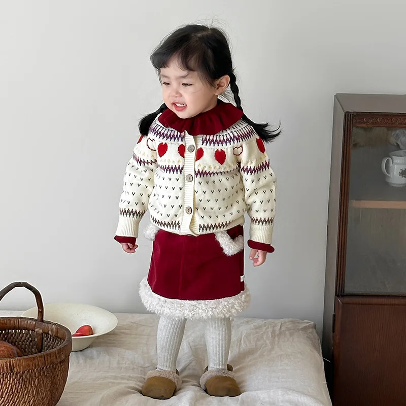

Children Clothes Girls Sweater Set 2024 Winter New Kids Korean Style Knitted Cardigan Top Baby Clothes Girl Clothes