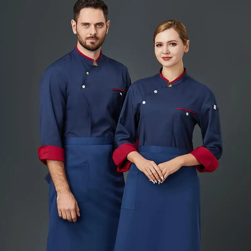 Uniforme de Chef d'hôtel à manches longues pour hommes, vêtements de cuisine arrière de Restaurant d'automne et d'hiver, salopette de Chef à manches courtes plus