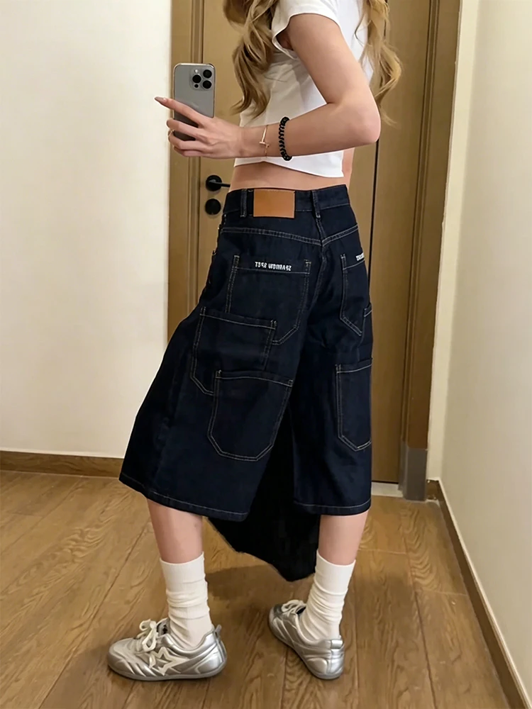 

Summer Men's Denim Blue Multi-Pocket Work Pants High Street Wide Leg Jeans Vintage Loose Seven-Foot Casual Trousers