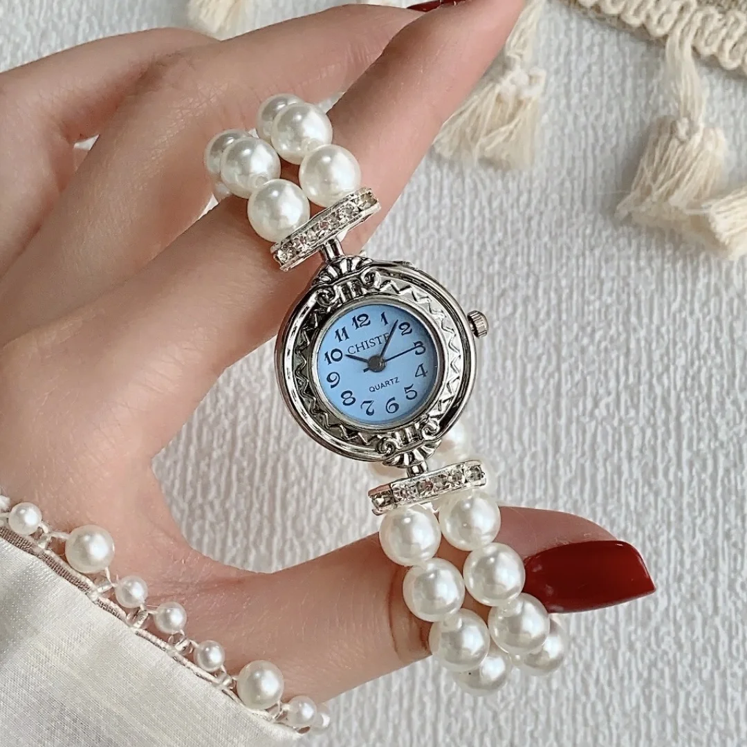 ساعات نسائية سوار من اللؤلؤ الأبيض ساعات نسائية فضية مستديرة صغيرة ساعات كوارتز نسائية Relojes Para Mujer