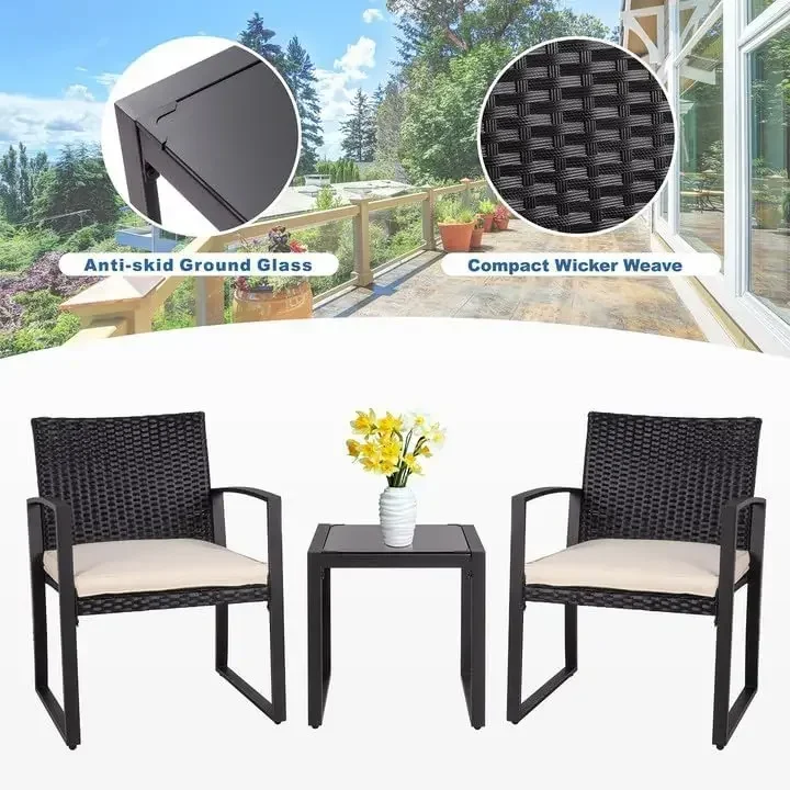 Set di mobili da giardino per esterni da 3 pezzi, set da bistrot moderno in vimini, sedia da conversazione in rattan di 2 persone con tavolino da caffè per portico da giardino