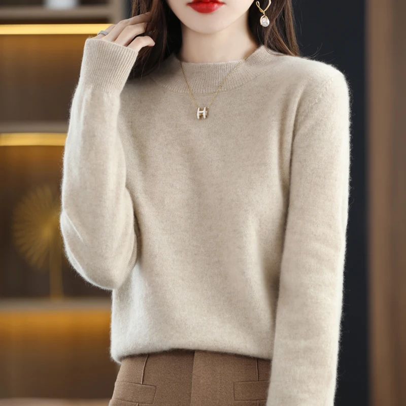 100% Merino Wool Sweater Women Half-high Collar Pullover Autumn Winter Casual Knit Tops Solid Female Cashmere Soft Knitwear