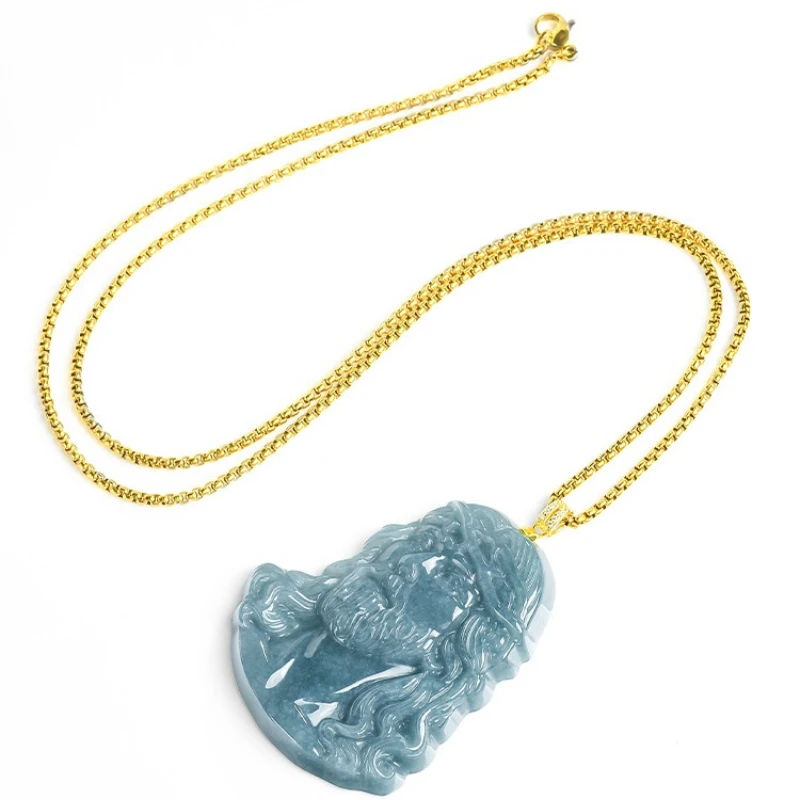 Natural Grade A Blue Jade Blue Water Priest Pendant Hand-Carved Stylish and Charming Ice-Type Jade Necklace Unisex Holiday Gift