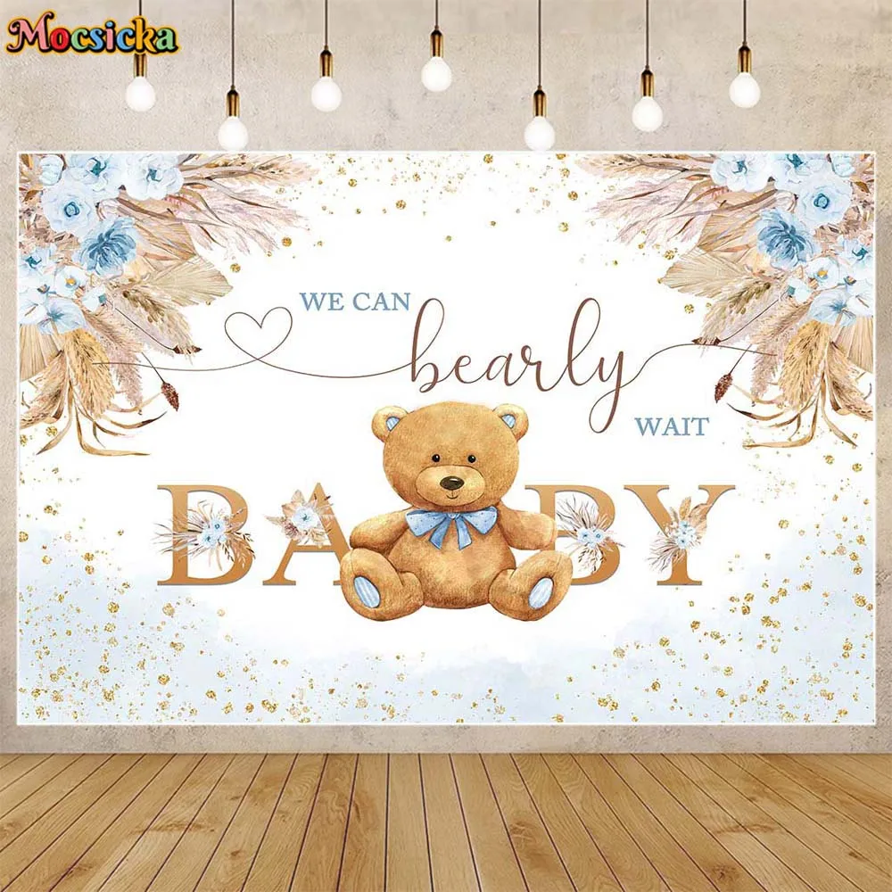 

Mocsicka Bear Baby Shower Backdrop Pampas Grass Boho Boy Welcome Party Decor We Can Bearly Wait Photo Background Photocall Props