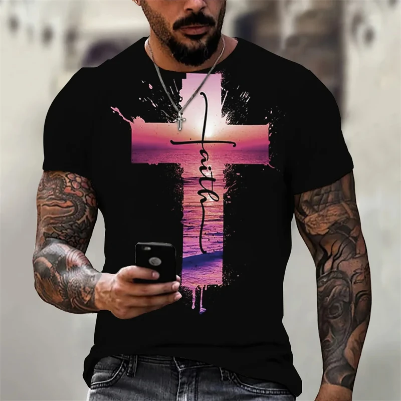 Christian Men Clothing T Shirts Oversized T-shirt Gothic Jesus Christ Cross 3D Print O-neck Tops Vintage Personality Unisex Tees