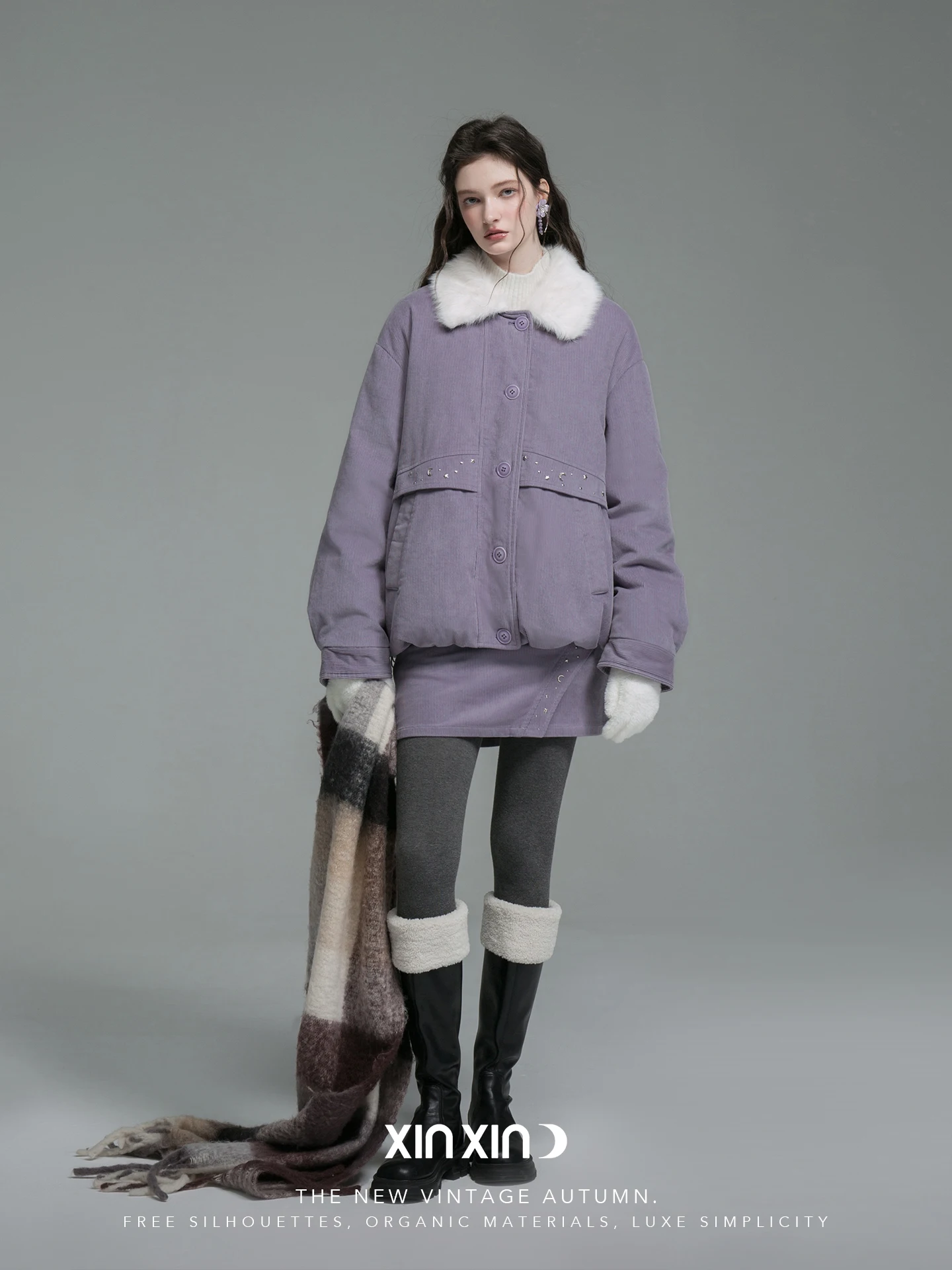 

XinXinYue Pastoral Star Purple Taro Fluffy Jaet Corduroy Quilted Coat Collar Stand up Long Sve Winter Warm Casual Women'...