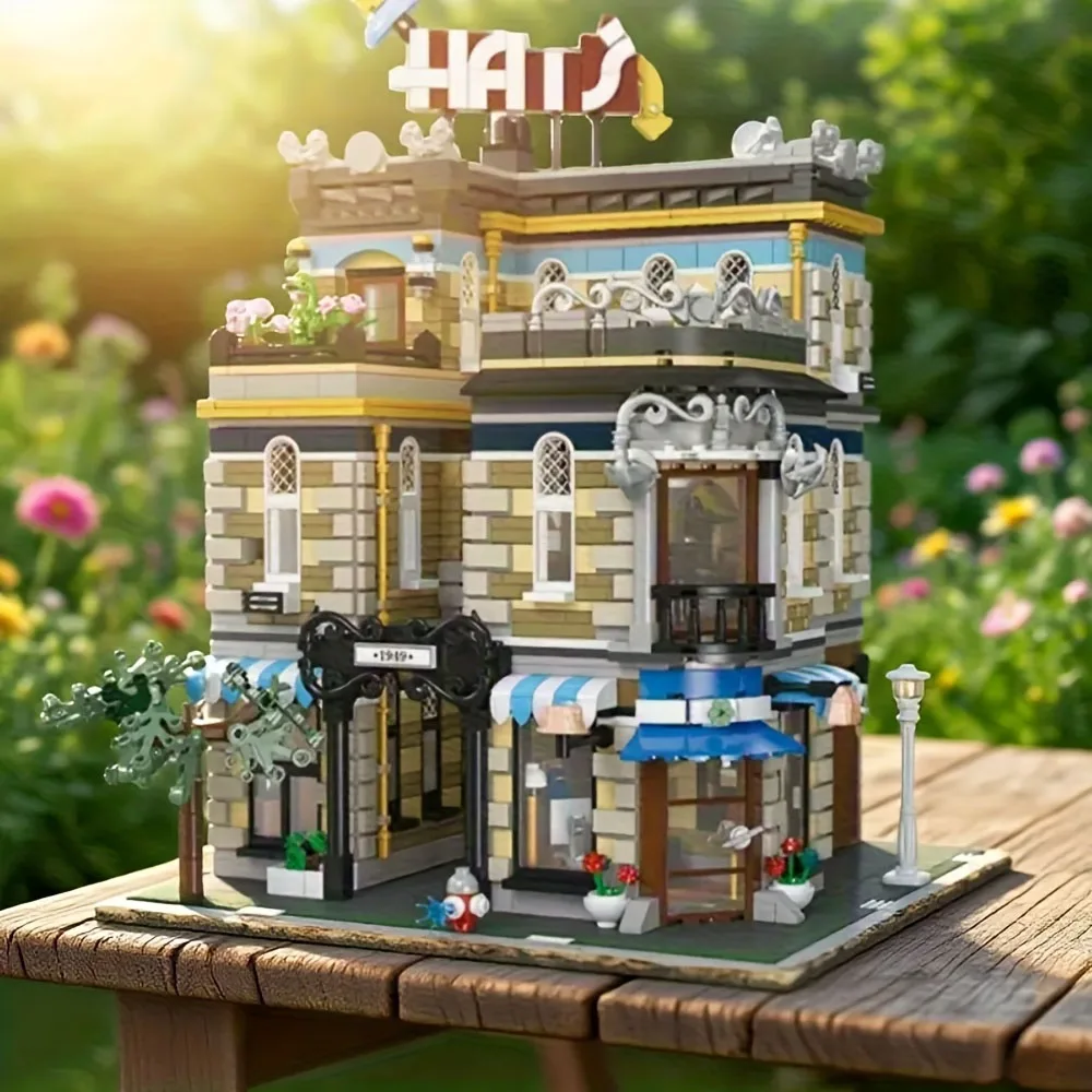 

Креативный MOC 3140 шт., вид на улицу, магазин шляп, строительные блоки, модель городской эксперт, модульная сборка, кирпичи, детская игрушка для взрослых, подарок