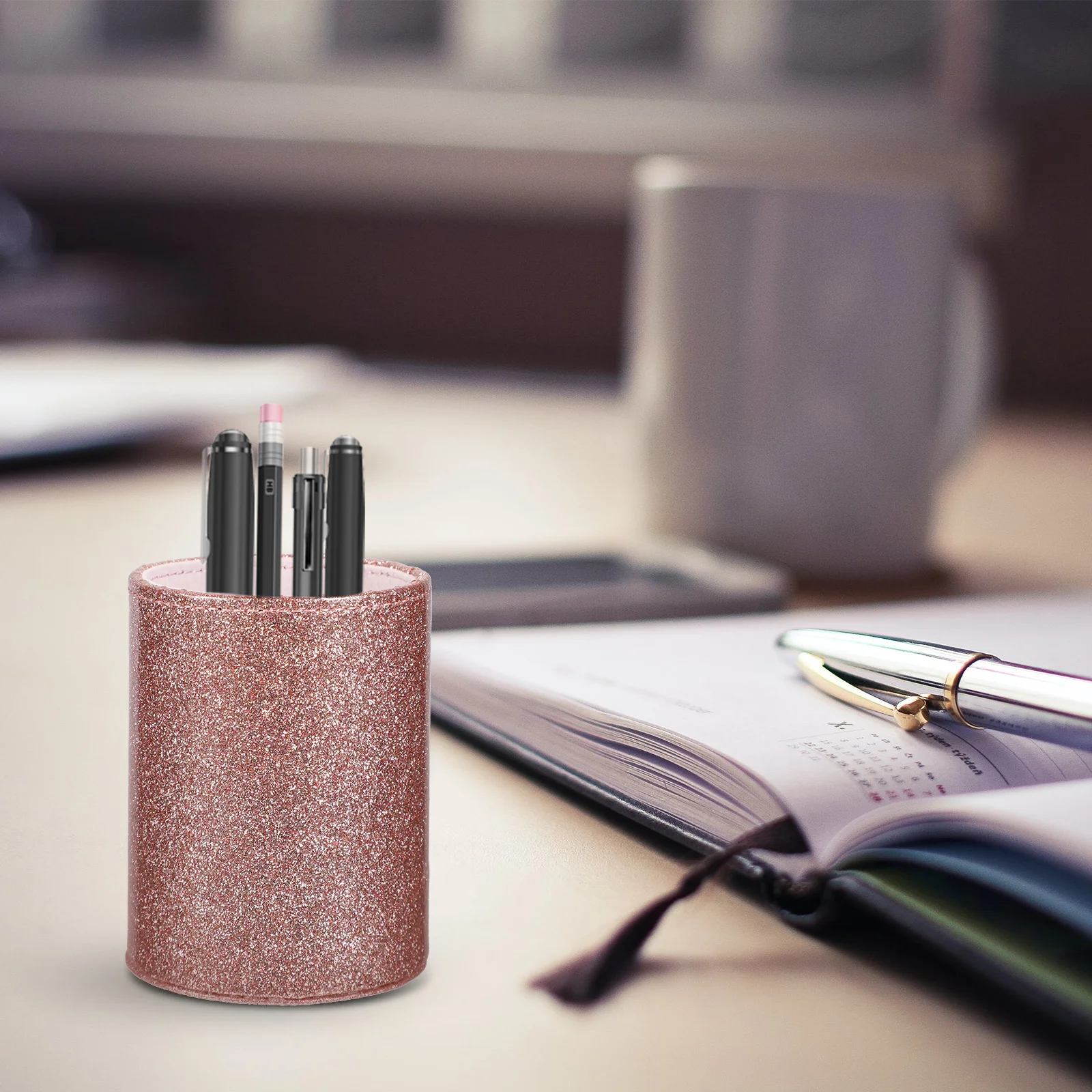 

Rose Gold Makeup Brush Organizer PU Storage Bucket Pen Holder Travel Vanity Brush Holder Desk Organizer