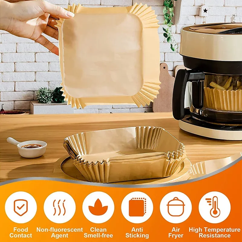 50/300Pcs Air Fryer Disposable Paper Air Fryer Accessories Square Round Oil-proof Liner Non-Stick Mat for Kitchen Oven Baking