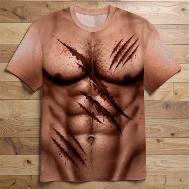 Men's Halloween Short-Sleeve T-Shirt Funny Fake Muscle T-Shirt Fashionable Casual Sports T-Shirt Streetwear 3D Muscle Top