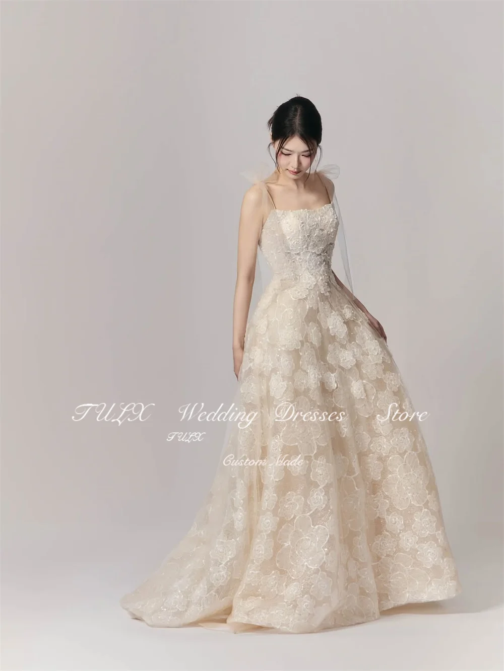 TULX Hada encaje una línea vestido de noche largo Corea sesión de fotos de boda sin tirantes mangas desmontables vestido de fiesta corsé personalizado