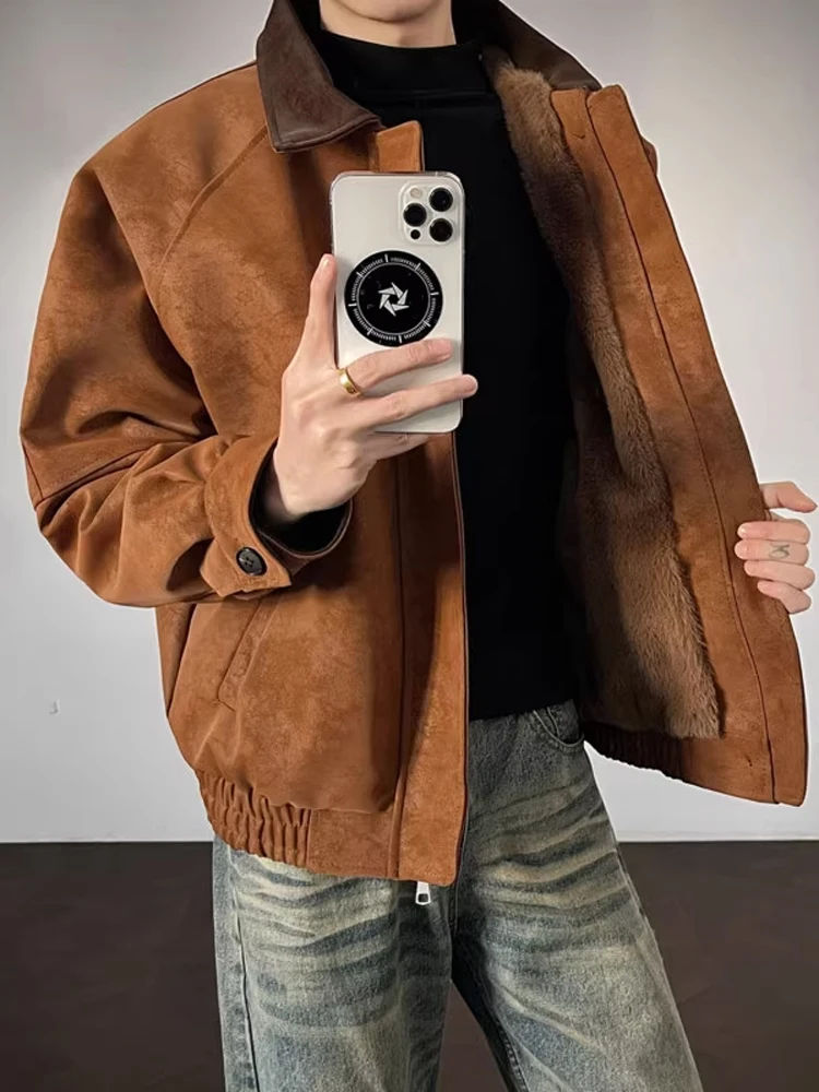 

Утепленная мужская хлопковая куртка на флисовой подкладке, зимняя теплая кожаная куртка в стиле ретро с застежкой-молнией, молодежное повседневное пальто с длинными рукавами