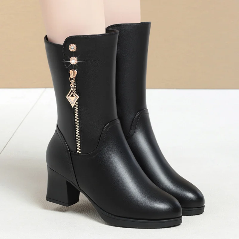 

Women Soft Leather Plush Soft Sole Boots Winter Warm Thick Heel Brand High-heeled Fashion Elegant Mid-Calf Snow Boots