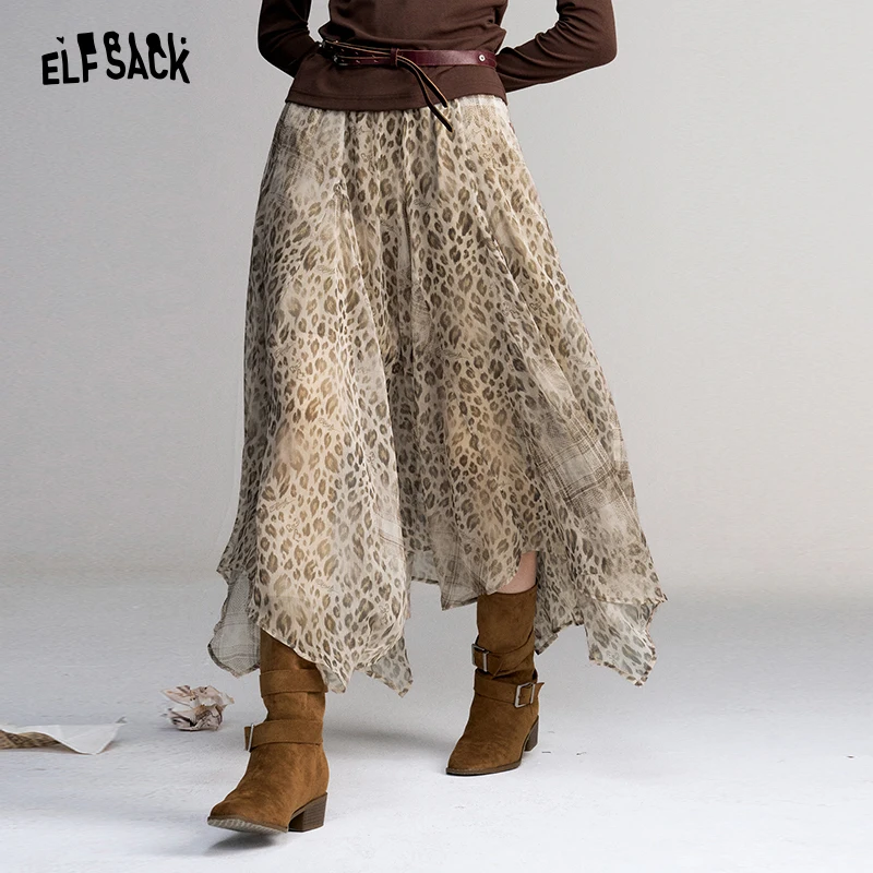ELFSACK Women Y2K Maxi Skirt with Leopard Print, Irregular Asymmetrical Chiffon Long Skirt for Retro Fall Daily Wear