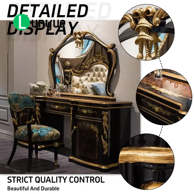 Luxury Antique Wooden Bedroom Dresser with Mirror Set High Quality Makeup Vanity Table Furniture for Home Decor Storage