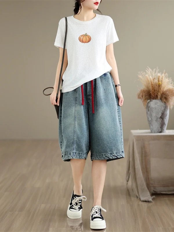 

Casual Washed out Loose Women's Jeans Elastic Waist 6-Piece Pants Summer Versatile Slimming Straight Leg Blue Denim Trousers