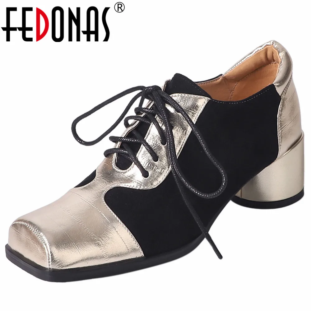 

FEDONAS Fashion Women Pumps Round Heels Splicing Genuine Leather Shoes Woman Lace-Up Square Toe Mixed Colors Mature Office Lady