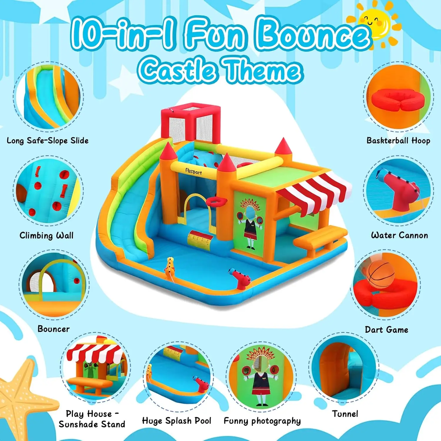 Inflatable Bounce House with Water Slide for Kids Includes Toy Market Stand Splash Pool Climbing Wall Water Gun Bouncer view 3