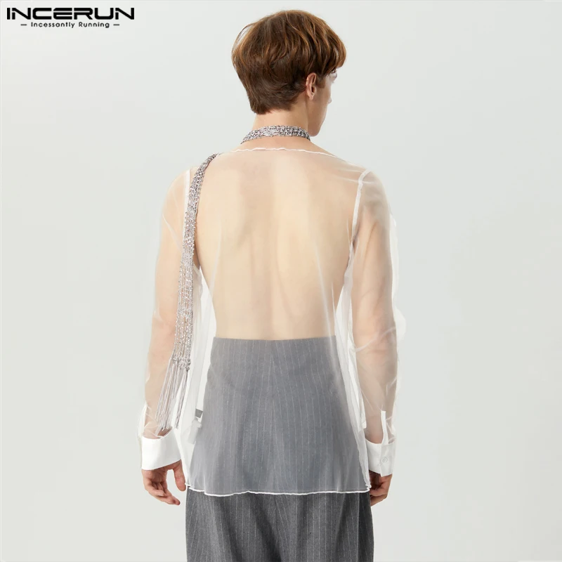 INCERUN Men T Shirt Mesh Lace Patchwork Transparent Sexy V Neck Long Sleeve Camisetas Streetwear 2024 Fashion Men Clothing S-5XL