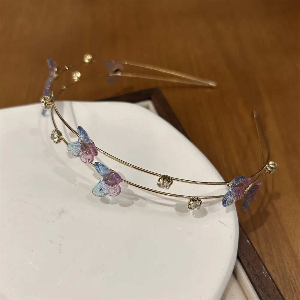 Gifts Alloy Double Root Hair Bands Rhinestone Waterproof Butterfly Head Hoop DIY Thin Flower Hair Hoop Girls