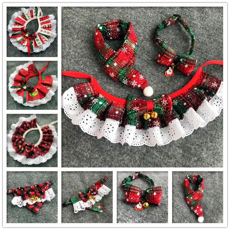 Christmas Pet Bow Bib Collar Scarf Plaid Bow Lace Saliva Towel With Bell Pendant Dog Cat Collar Necklace Grooming Accessories