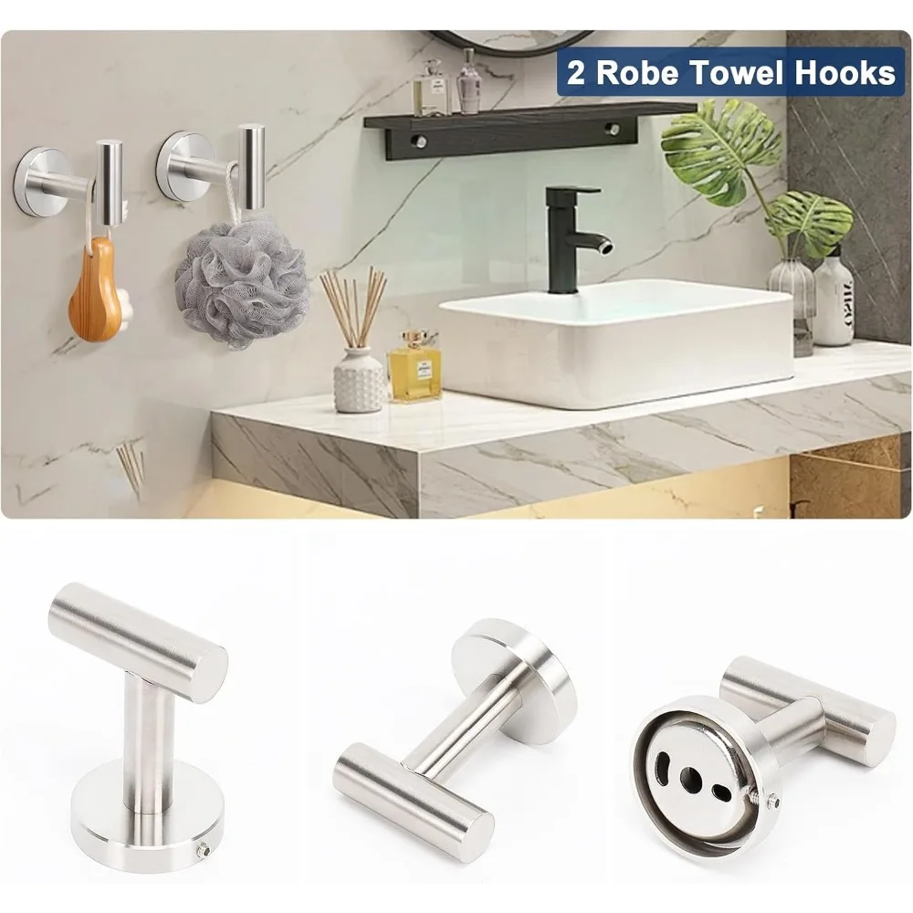 مجموعة أدوات الحمام المصنوعة من الفولاذ المقاوم للصدأ مع رف المناشف وحلقة وحامل ورق التواليت