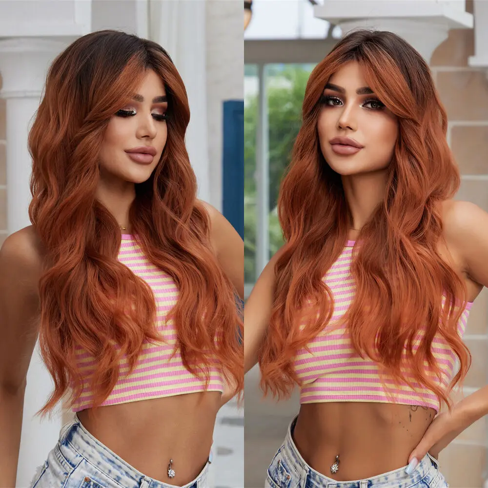 ALAN EATON Ombre Auburn Brown Synthetic Wigs Long Curly Wigs with Bang for Women