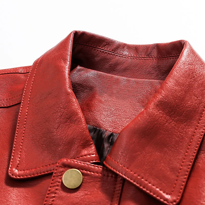 American Retro PU Leather Red Men\'s Jacket Lapel Collar Casual Loose Fitting Fashion Leather Jackets Couple Street Harajuku Coat