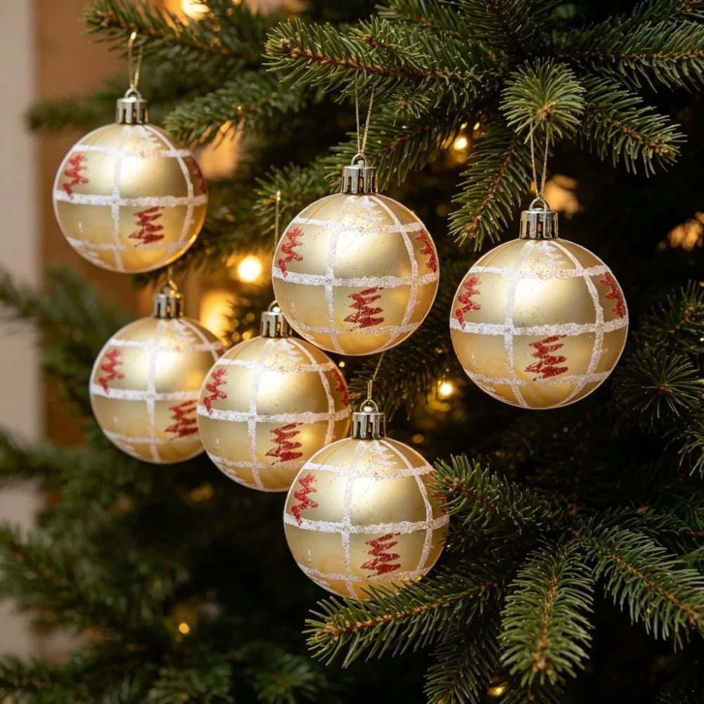 6pcs Hand Painted Christmas Ornament Balls 6cm Plastic Shatterproof Tree Decorations With Pre Attached Hanging Ropes For Holiday