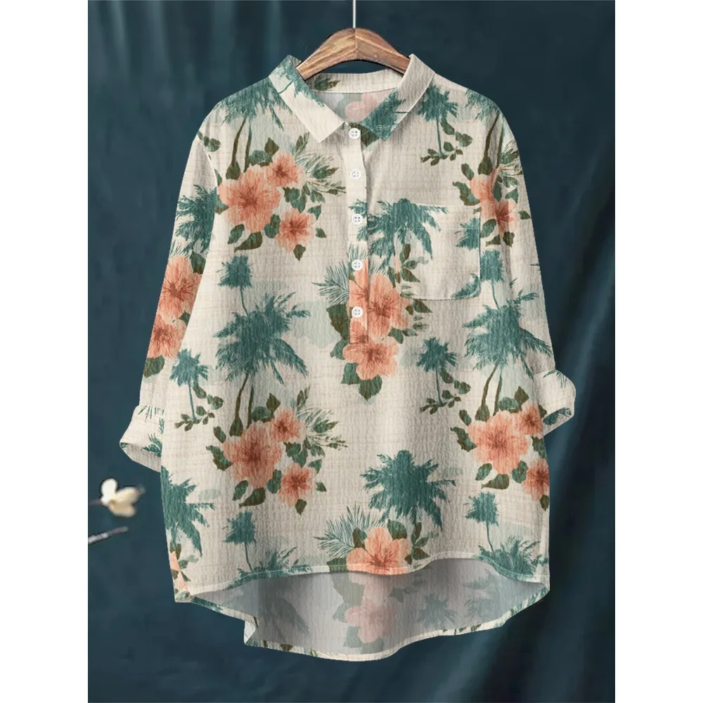 

Блузка с тропическим гибискусом, винтажная повседневная женская рубашка с цветочным принтом, свободная рубашка с длинными рукавами и половиной пуговиц, удобный топ из пузырькового крепа