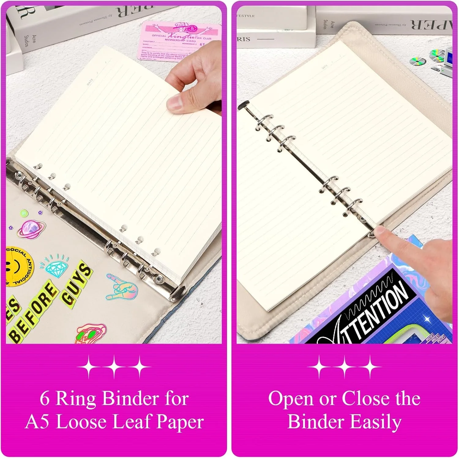 Denim Cover Notebook Binder A5 Size Y2K Kpop Loose Leaf Book With Pen Pocket 100 Sheets Line Grid DIY Diary Album A7734