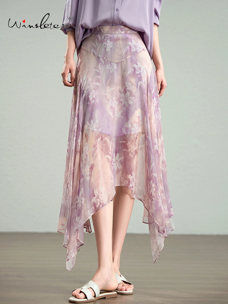 

Winsleter-Women 100%Real Silk Elegant Skirts, Elastic Waist Print, Beach Vacation Fairy Chic A-line Skirt, 2025 Autumn B59672CC