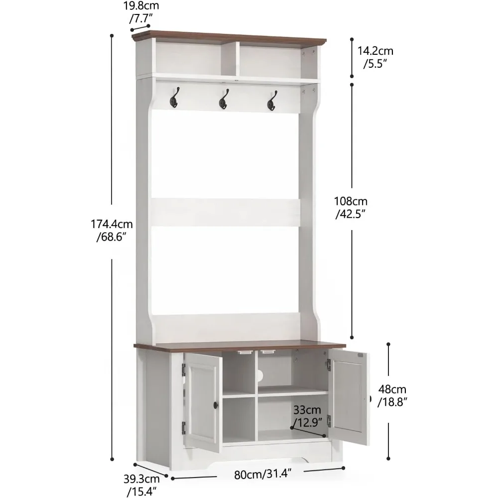 مقعد تخزين الأحذية متعدد الوظائف على طراز المزرعة مع رف معطف و3 خطافات للمدخل #2