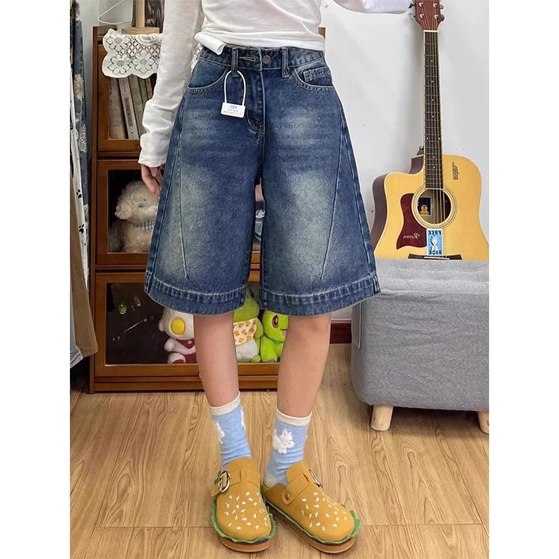 

Y2K High Waisted Blue Washed Denim Pants Women Summer American Street Style Loose Straight Leg Short Trendy Five Quarter