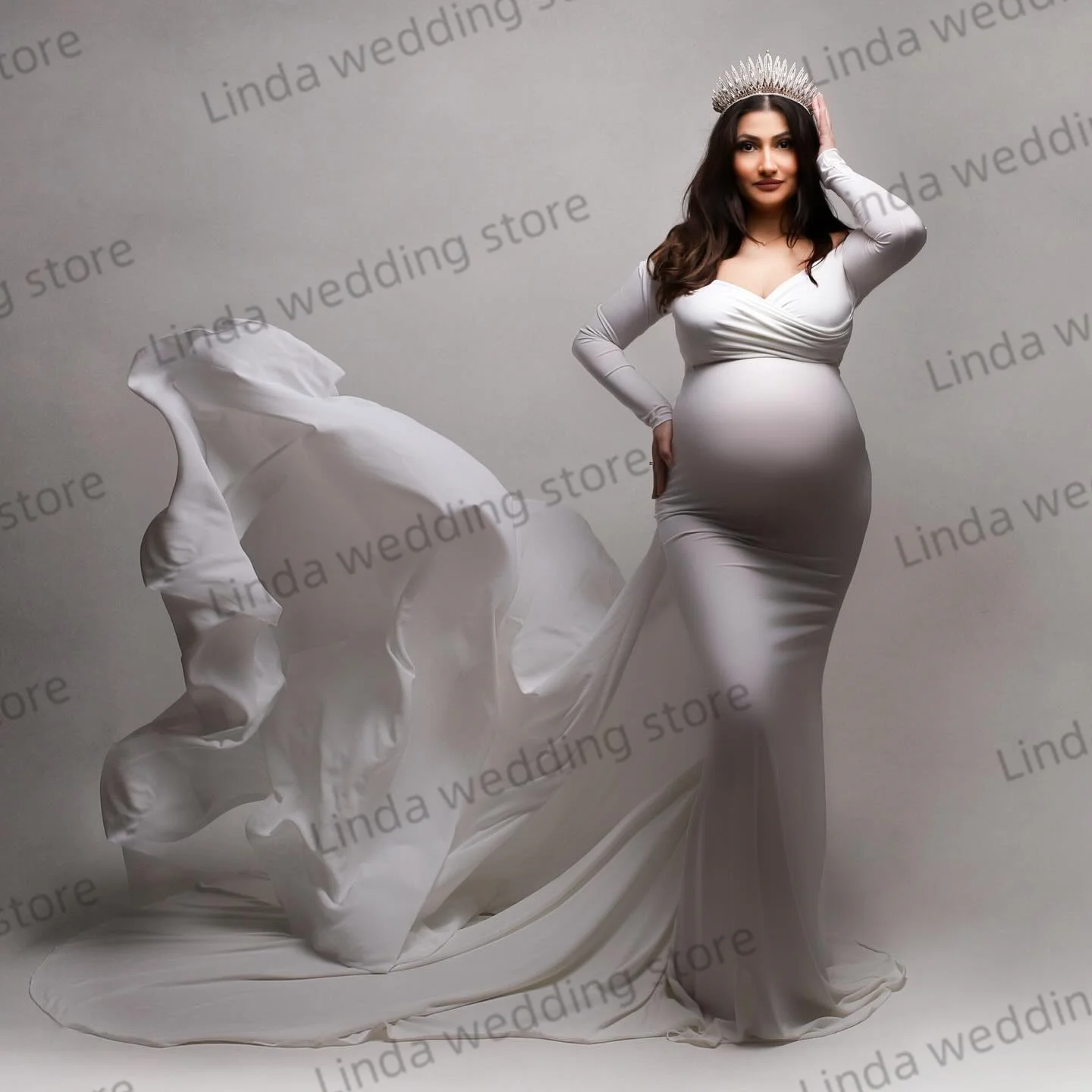 White Mermaid Maternity Dresses Simple Sweetheart  Long Sleeves Vestidos For Baby Shower Photoshoot Pros Pregnant Woman Gowns image 2