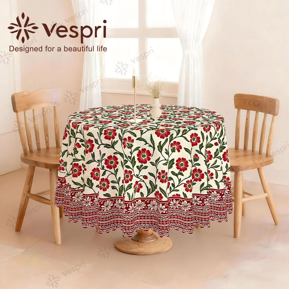 Vespri Spring Tablecloth, with white and red decorations, featuring flowers, green leaves and stripes.