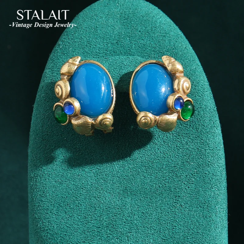 

Vintage Oval Retro Blue Natural Stud Earrings for Women Gold Color Accessories Antique Jewelry New Arrival Korean 2025