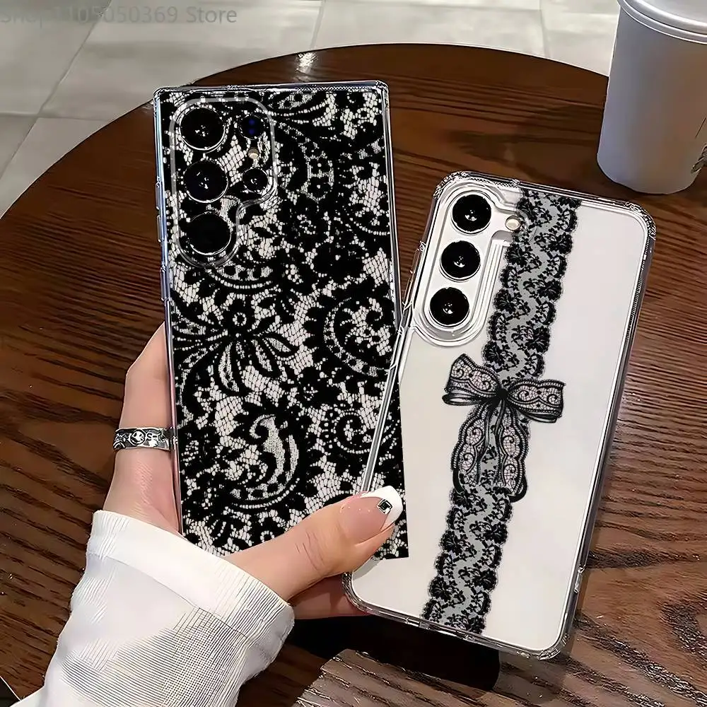 

Black Lace Print Pattern Phone Case Silicone For Samsung S30,23,21,22,20 FE lite,S10,9,PIus Note20ultra Soft Transparent
