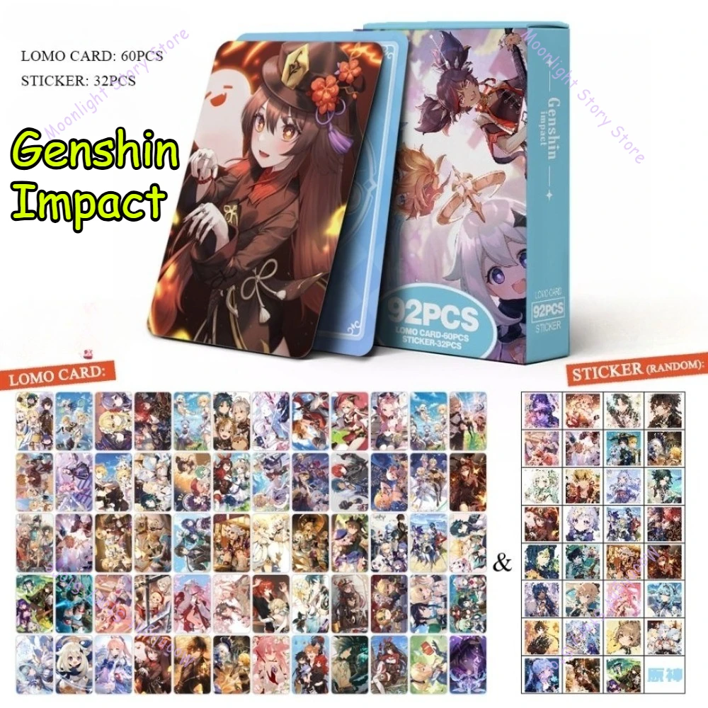 92 Uds Genshin pegatinas de tarjetas de impacto Zhongli Diluk nogal Klee Xiao Palace Dishia Thunder tarjeta de colección General regalo para fanáticos