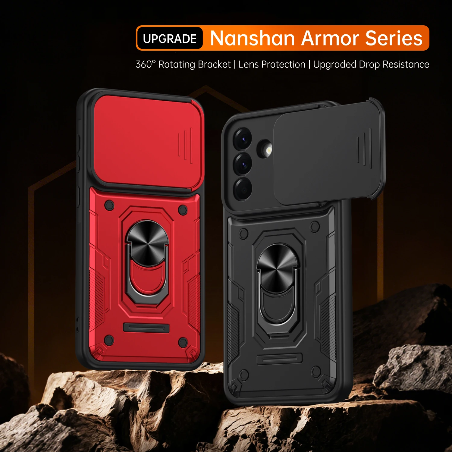 Nanshan Armor Case For Samsung Galaxy A17 A27 A37 A57 A26 A36 A56 5G Sliding Camera Lens Protection Metal Ring Stand Phone Cover