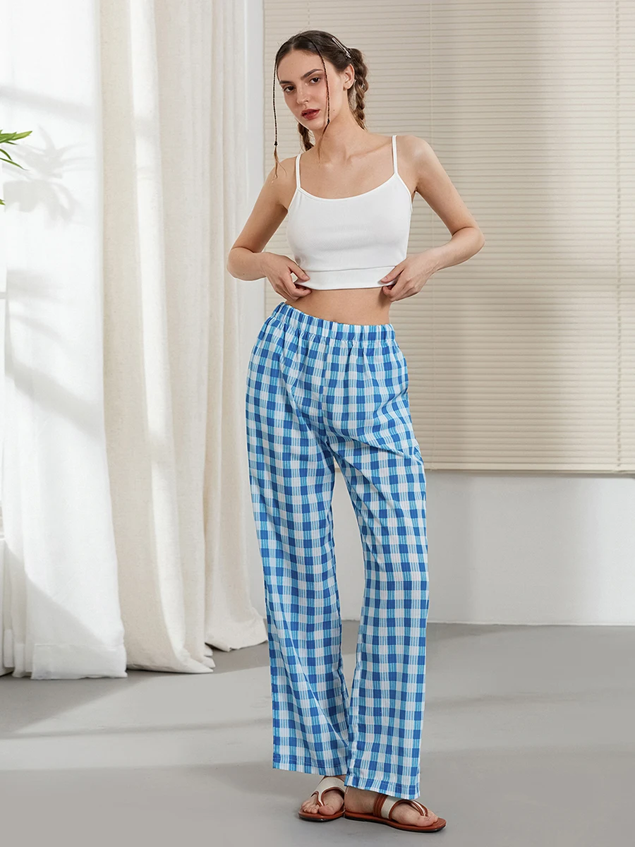 

Women Loose Wide Leg Pants Casual Stripe/Plaid Print Elastic Waist Trousers for Work Office Streetwear