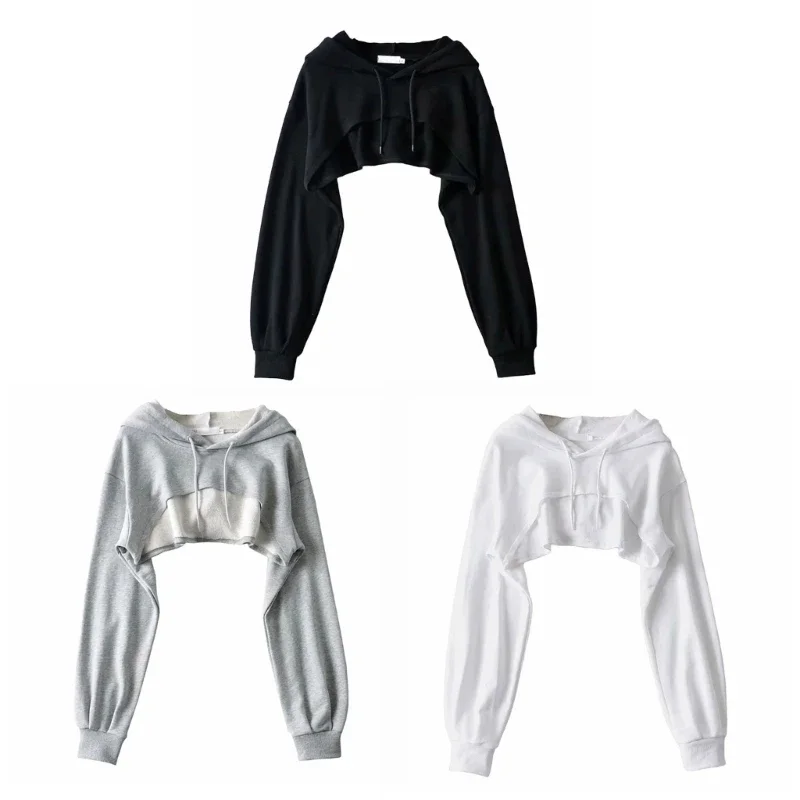 Sudaderas con capucha recortadas de manga larga para mujer, sudadera Punk Hip-Hop Dance Plain Sexy Rave Cutout, Top corto suelto