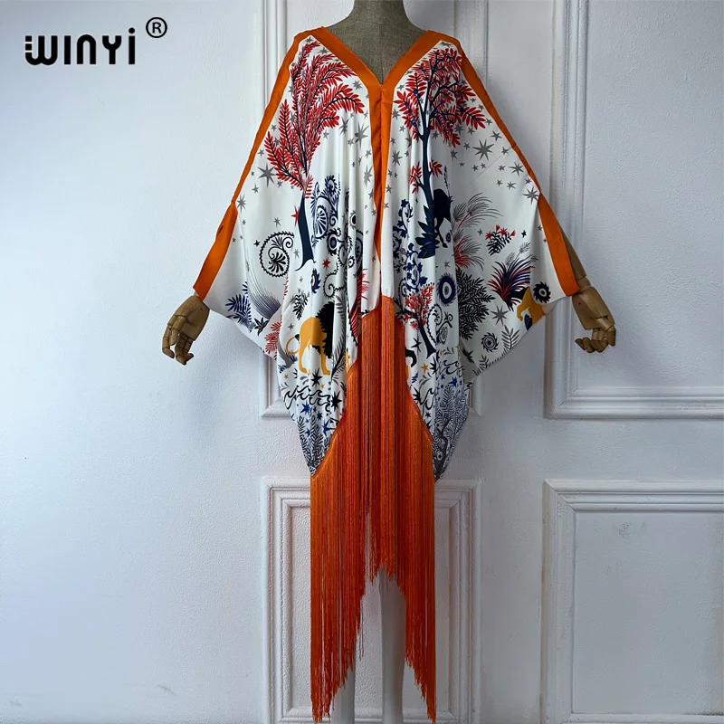 

WINYI Fashion tassel print loose dress beach Cover-up Elegant fashion maxi kaftan sexy Holiday African wamen evening dress