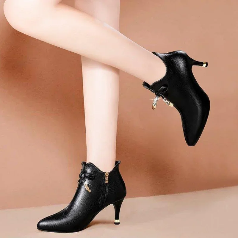 Kobiety Sexy Pointed Toe High Heels Ankle Boots Autumn Winter Warm Short Plush Booties Woman Bowtie Zipper Botas Zapato De Tacón