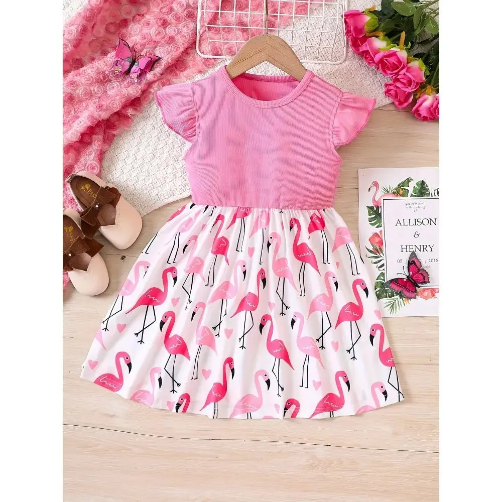 Girls Flamingo Print Flying Sleeve Casual Princess Dress For Party Vacation Outfit  Kids Dress Clothing  kids dresses for girls