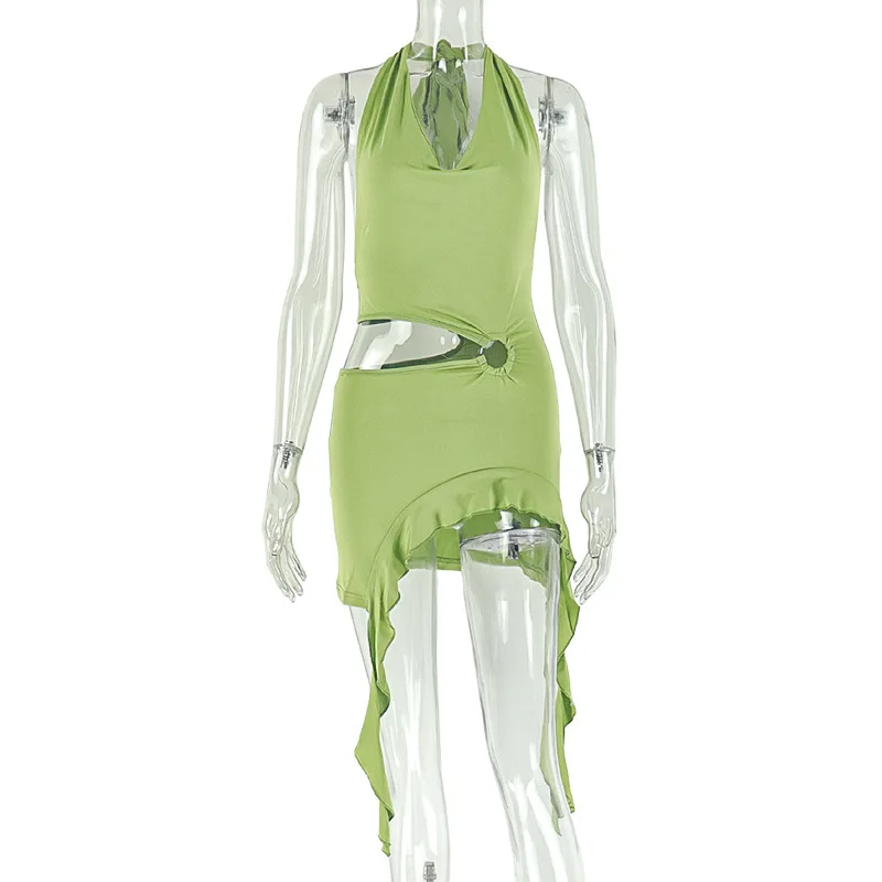 Vestido elegante con volantes recortados para mujer, minivestido asimétrico Hipster con cuello Halter y espalda descubierta para fiesta y discoteca, verano 2025