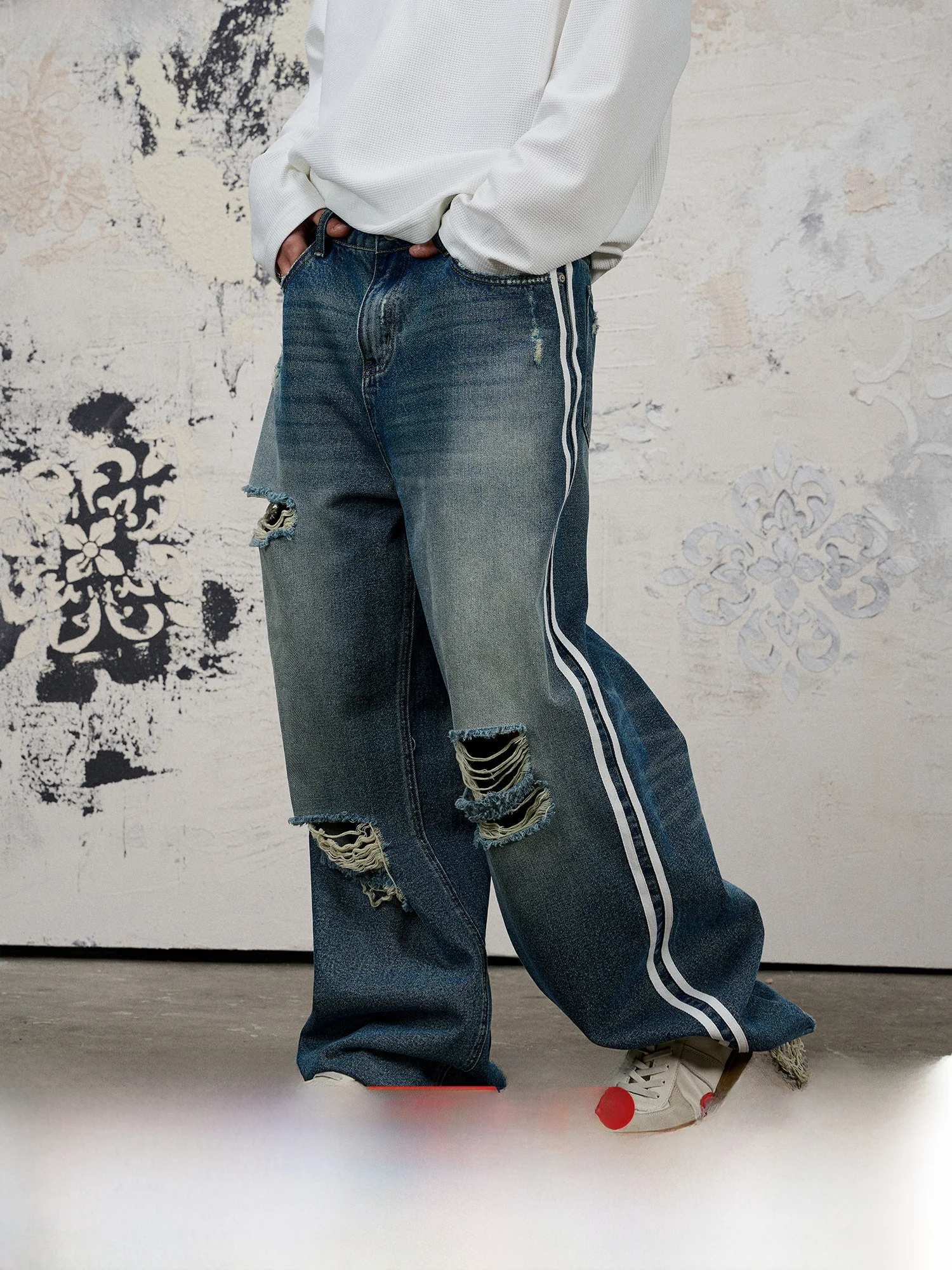 

Universal God Pants DONE Woven Belted Loose Silhouette Dra Wanderer Denim Long Trousers Youth Cotton Polyester Viscose