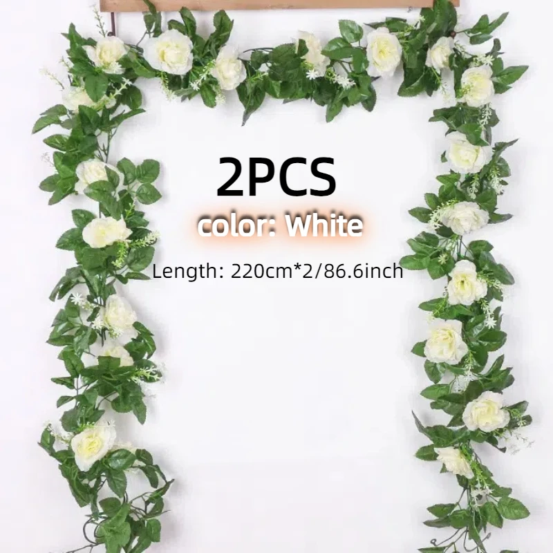 Artificial White Rose Flower Hanging 2.2M Vines Plants Leaves for room decor wedding Home Decoration Garden Rattan Plants Vine